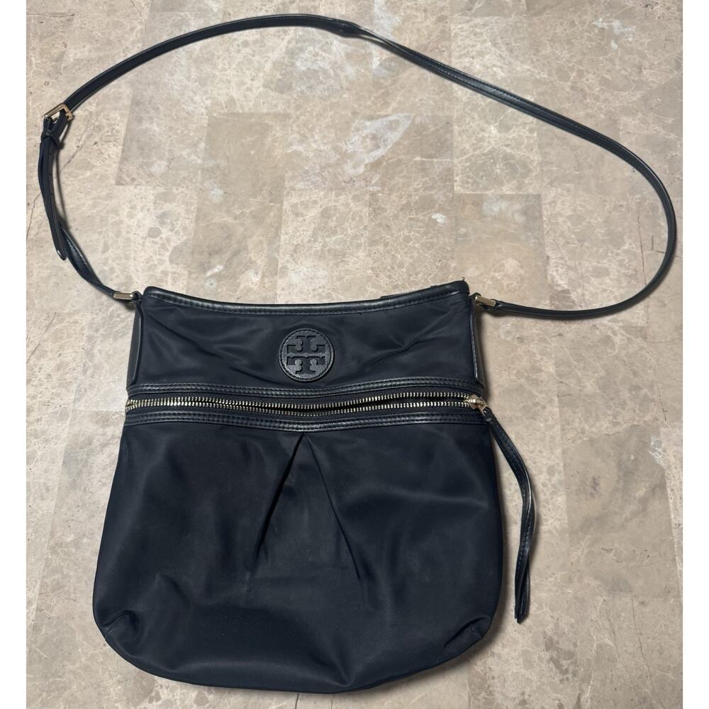 Tory Burch Black Nylon Crossbody Medium Bag With Leather Strap And Trim